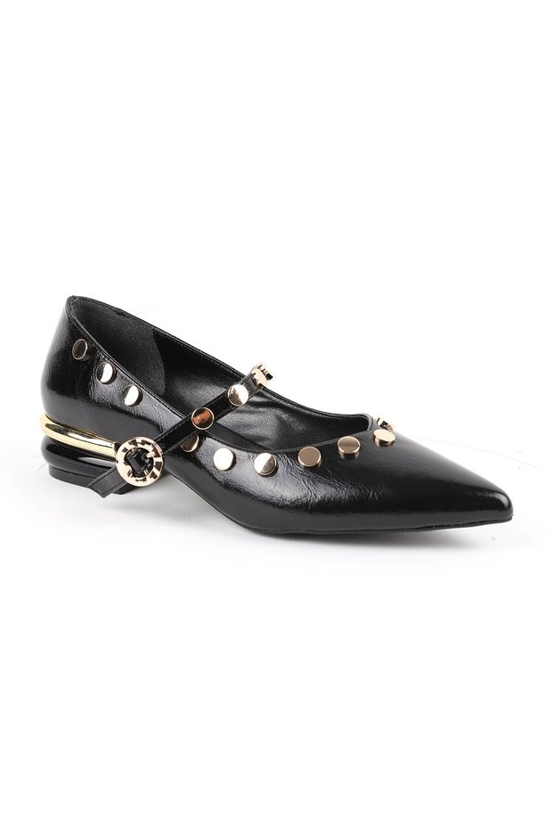 Women's Babet Black Shiny Patent Leather Pointed Toe Metal Encapsulated Mary Jane Short Heeled Stylish L085.K1419