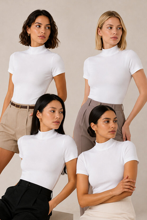 Women's Half Turtleneck Short Sleeve 4-Piece Basic Undershirts - 95% Cotton
