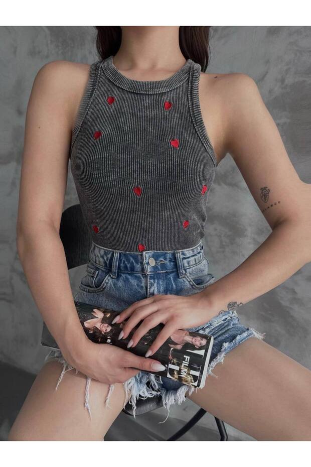 Ribbed Camisole with Heart Detail and Patterned Tank Top