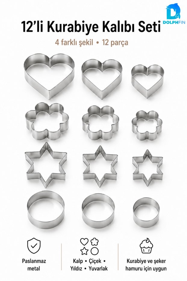 Set of 12 Stainless Metal Cookie Molds Heart Flower Star Round Sugar Dough Molds