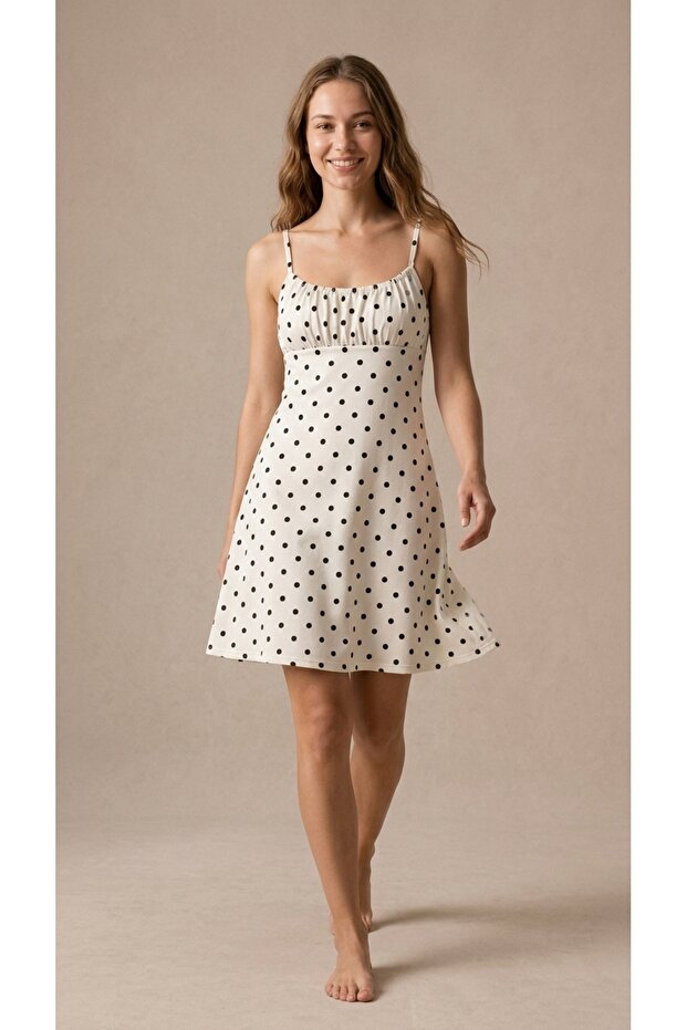 Ecru Polka Dot Drawstring Strap Soft Elastane Mini Dress with Straps - 6