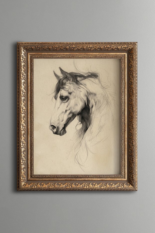 Charcoal Horse Portrait – Vintage Patterned Painting – Thick Model