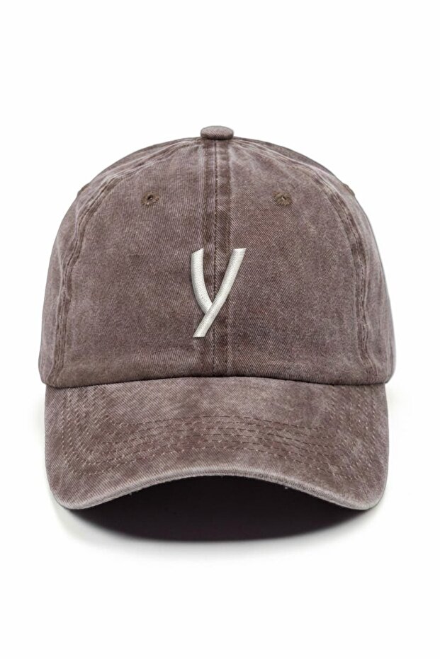 Brown Embroidered Washable Vintage Unisex Hat with Letter Y