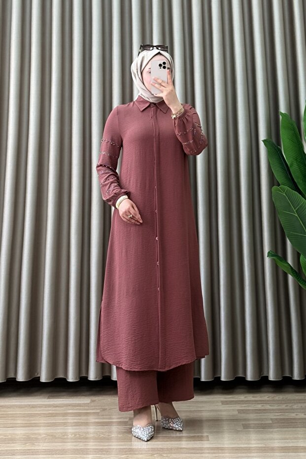 Feri̇ha Takim Ayrobin Fabric Women's Dusty Rose Color Openable Long Tunic with Hidden Buttons and Beaded Sleeves, Hijab Suit