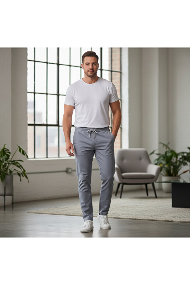 NEW WAY COLLECTION Men's Grey Elastic Waist Drawstring Trous