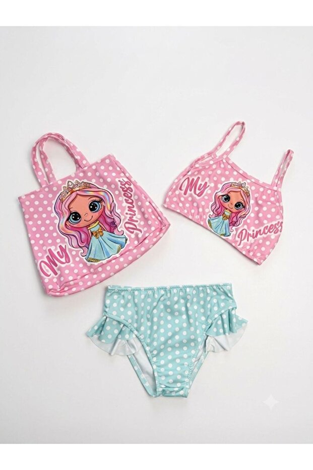 Girl's Pink Green 3-Piece Princess Patterned Bikini Set with Bag
