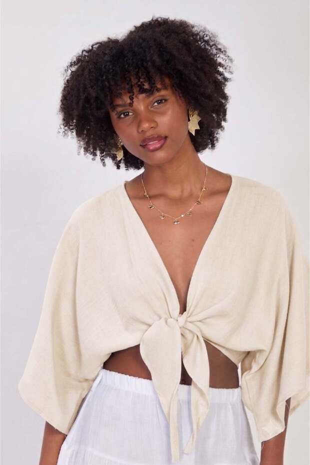 Women's Tie-Front Crop Blouse - Stone