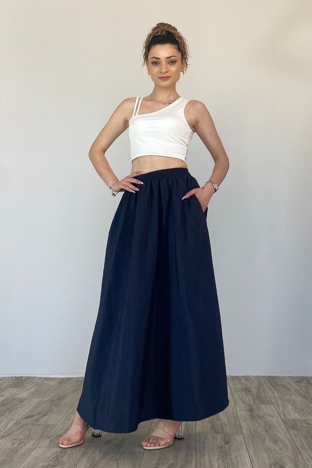 Women's Elastic Waist Double Pocket Long Skirt