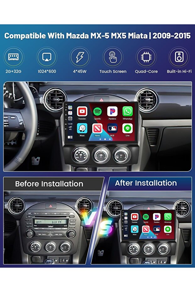 شاشة أندرويد لمازدا mx5 موديل 2008-2015، 6 جيجابايت رام، 128 جيجابايت روم، كاربلاي لاسلكي، أندرويد أوتو، كاميرا خلفية مدمجة بتقنية AHD.
