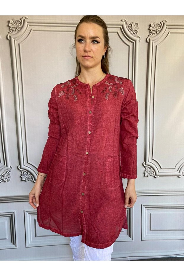 Women's Washed Cotton Fabric Long Sleeve Mother's Stone Tunic 40/48