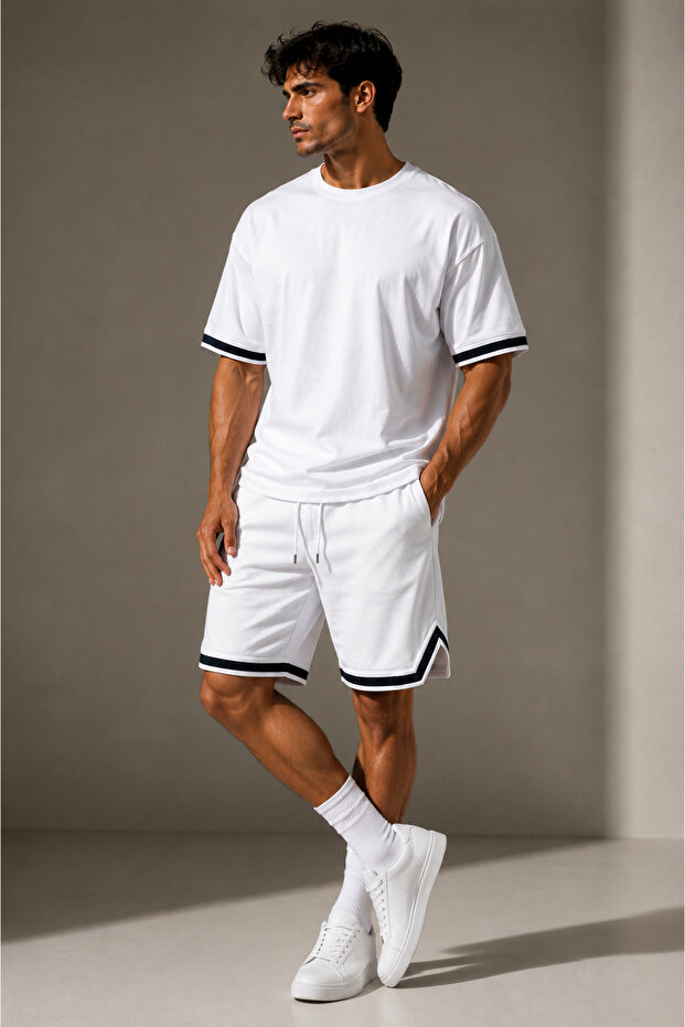 Premium Striped Men's Crew Neck Shorts T-Shirt Set