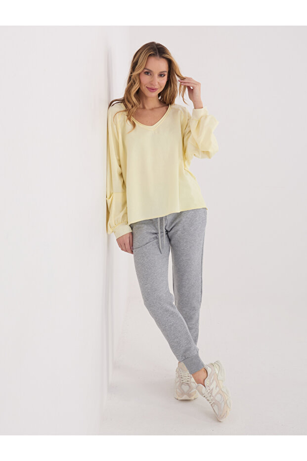 Bluza Dama Maneca lunga, Decolteu in V, MU MU, Galben Casual - 3