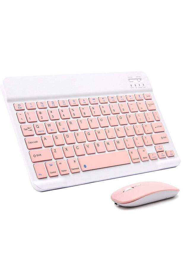Ultra-Slim Bluetooth Keyboard and Mouse Combo Rechargeable Portable Wireless Set for iPad iPhone Samsung (Pink)