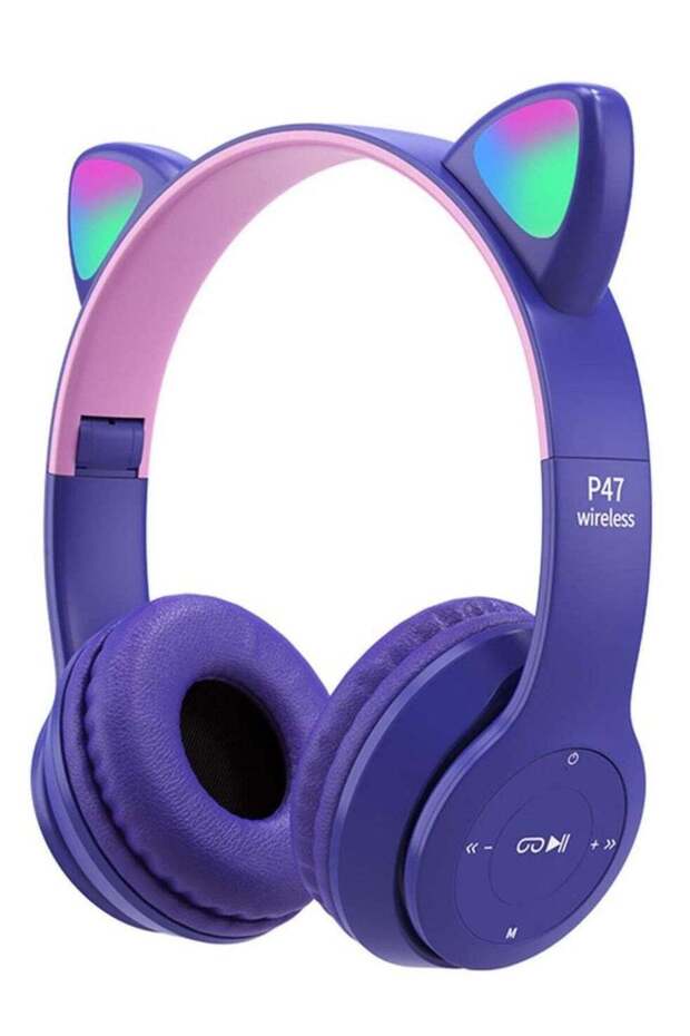 LED Light Cat Ear Headphones Wireless Bluetooth 5.0 Headset Portable Foldable Kids (Purple)