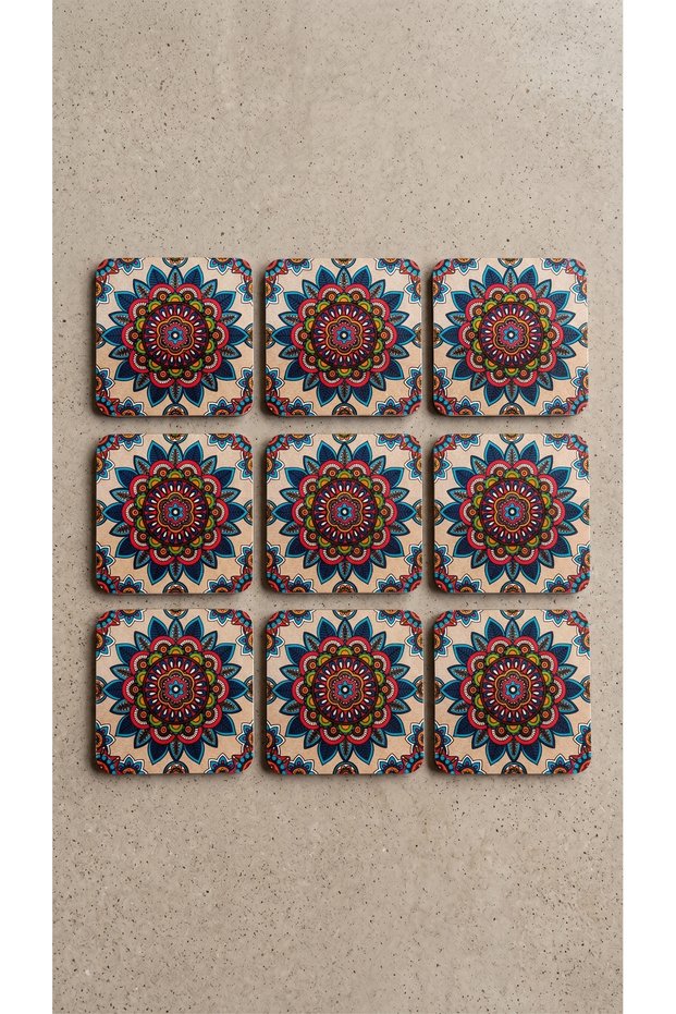Set of 6 Vibrant Colored Mandala Motif Coasters - Decorative Coffee and Winter Tea Presentation Coasters