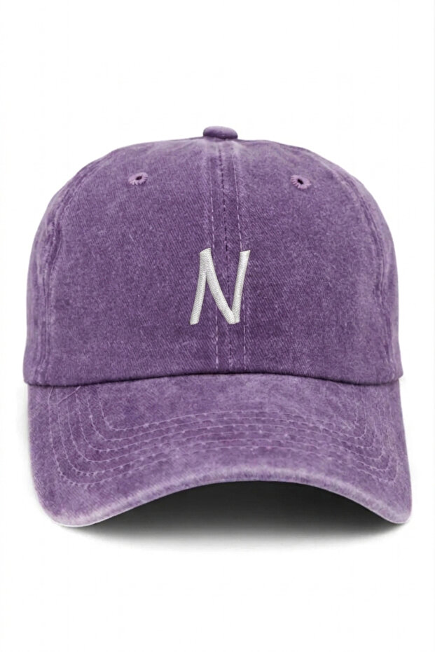 Purple Embroidered Washable Vintage Unisex Hat with Letter N