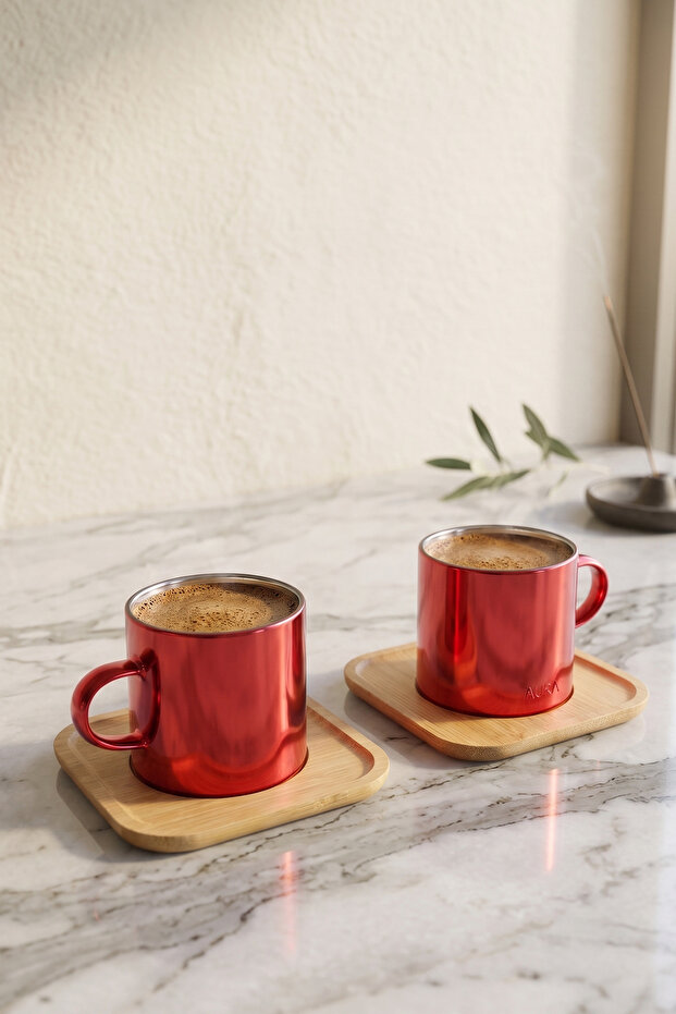 4 Piece 2-Person Metallic Red Glass Coffee Cup Set with Bamboo Base 100 ml