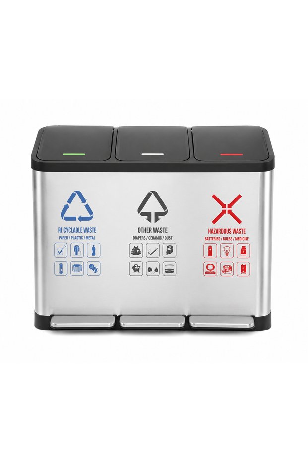 3 In 1 SS Rectangular Recycle Bin With Pedal 45 Ltr