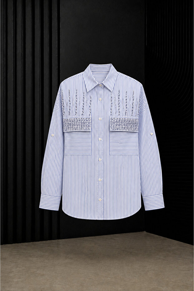 Blue and White Striped Sequin and Bead Embroidered Oversized Shirt