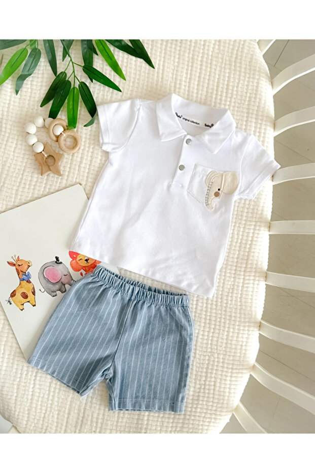 Summer 2-Piece Baby Boy Set with Felt Elephant Emblem and Knitted Denim Shorts