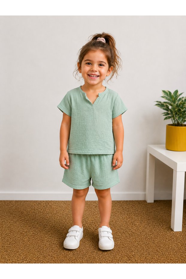Girl's and Boy's Green Muslin Shorts Set