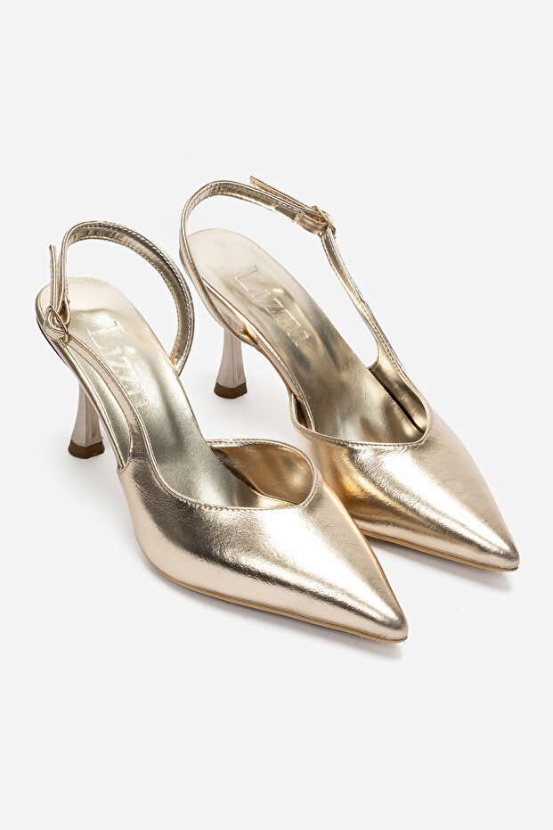 Women's Gold Metallic Pointed Toe Open Back 8 cm Goblet Heeled Shoes Hary