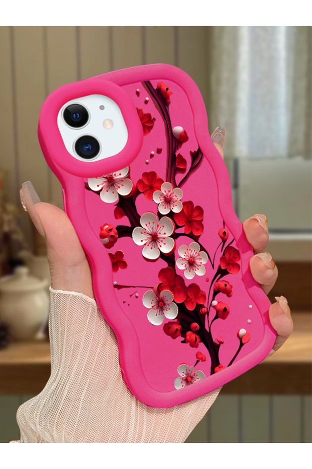 iPhone 12 Compatible Case Camera Protector Red Silicone Couple Phone Case Floral Pattern