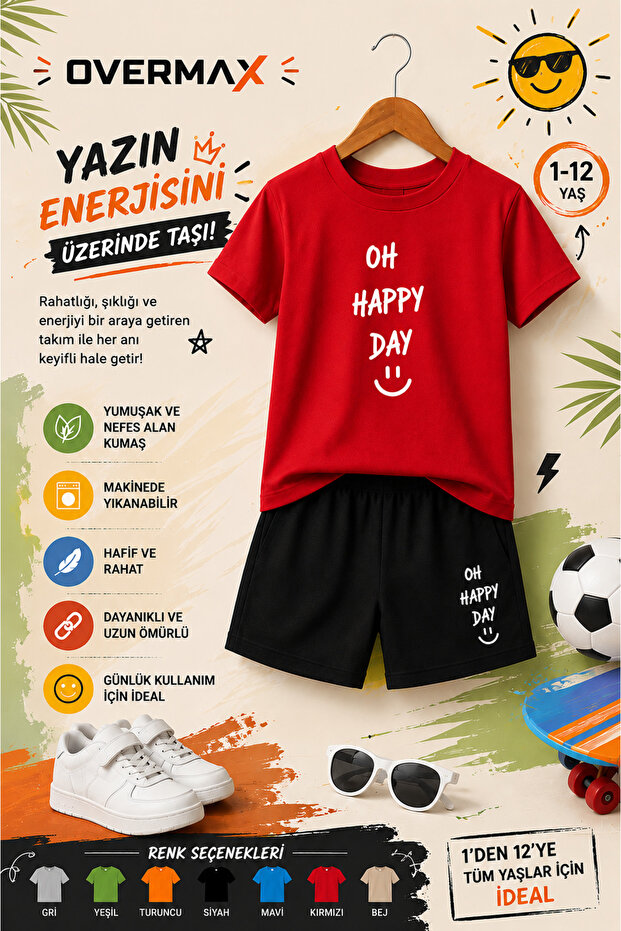 Oh Happy Day Printed Children's Set – T-Shirt & Shorts 2-Piece Combination | Trendy Summer Set for Ages 1-12