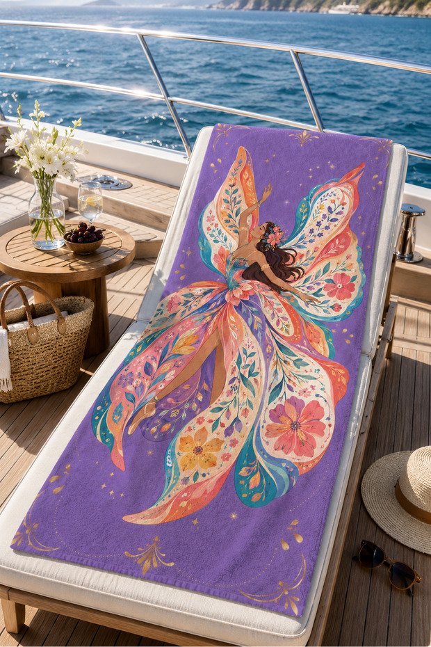 Purple Fairy Butterfly Patterned 70X150 Beach Towel, Soft Textured Model Suitable for Sea and Beach Use