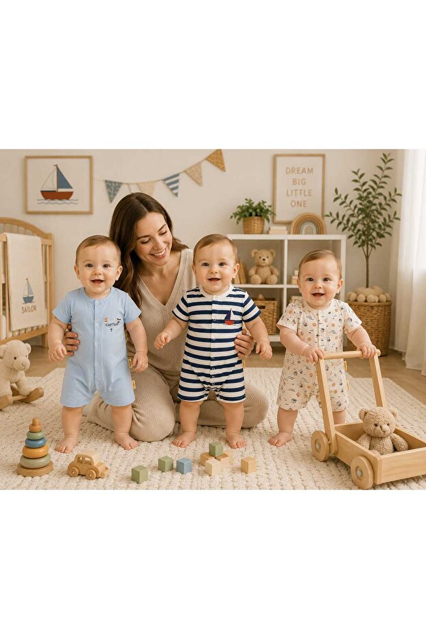 Unez Sailing Printed Summer Baby Rompers Set of 3
