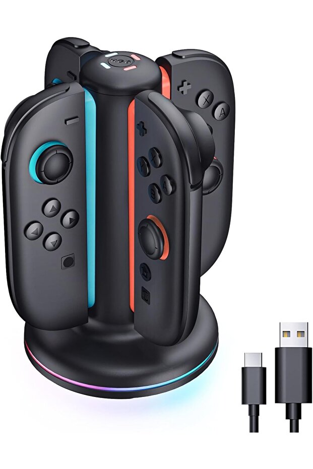 قاعدة شحن لجهازي Joy-Con لـ Switch، مغناطيسية ثنائية الاتجاه، 9 أضواء RGB، حماية من الشحن الزائد