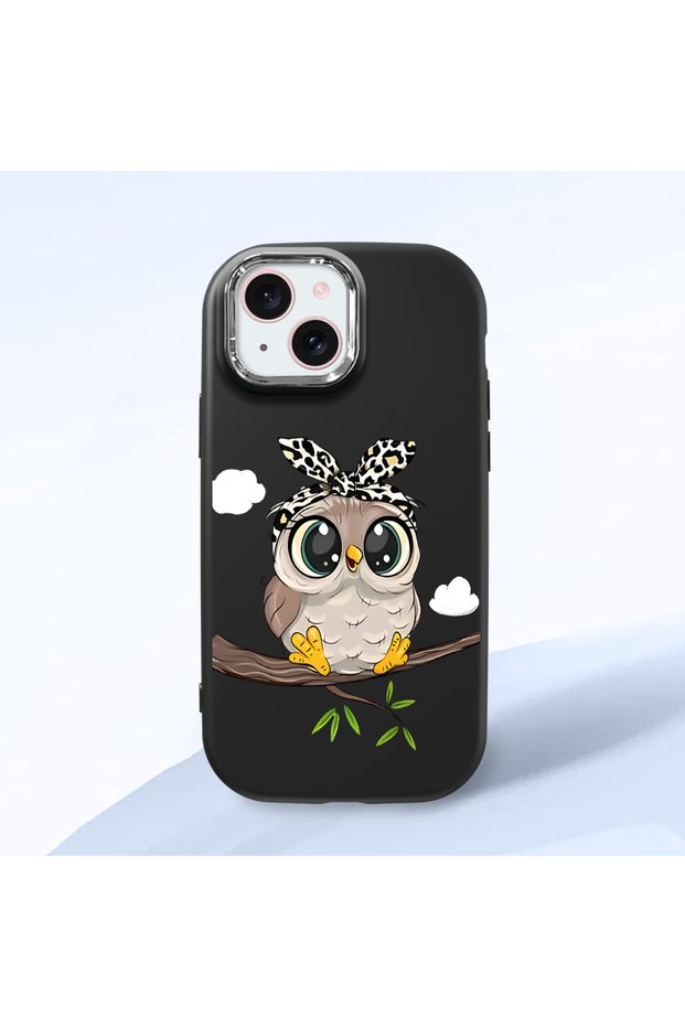 iPhone 15 Compatible Case with Camera Protection Black Silicone Couple Phone Case with Owl Pattern
