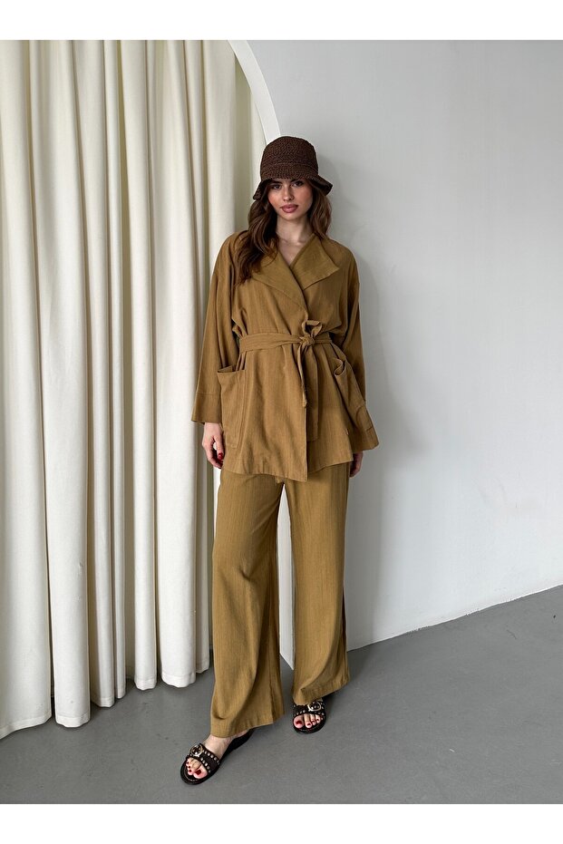 Mustard Romna Raw Linen Jacket and Trousers Set - 2Y8447