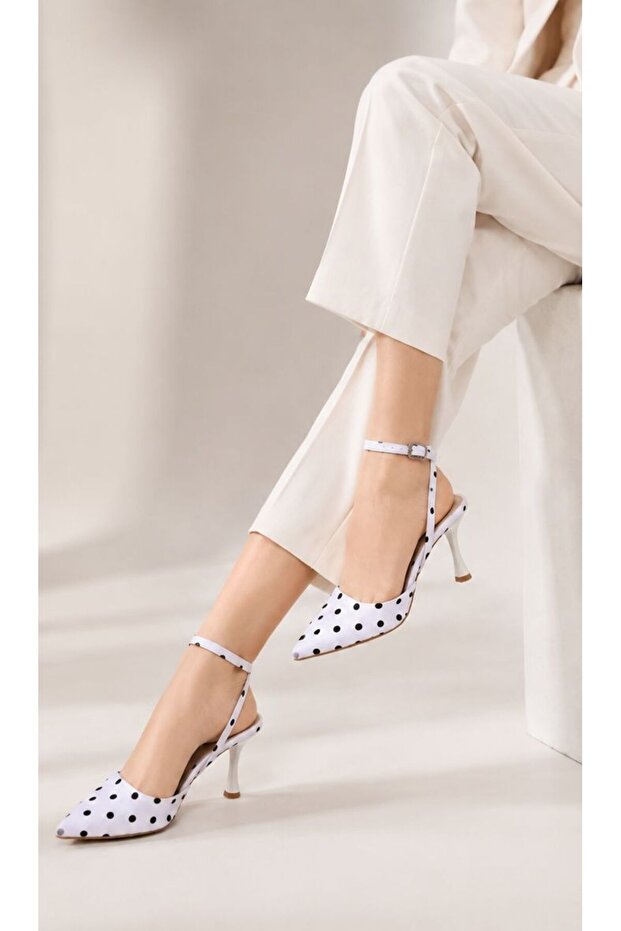 White Satin Polka Dot Pointed Heeled Shoes