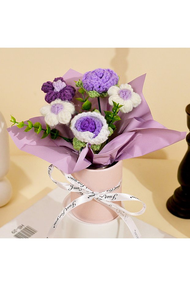 One Size PURPLE 1pc Handmade Crochet Rose Bouquet, Knitted Rose & Daisy Flower for Mother's Day, Chr