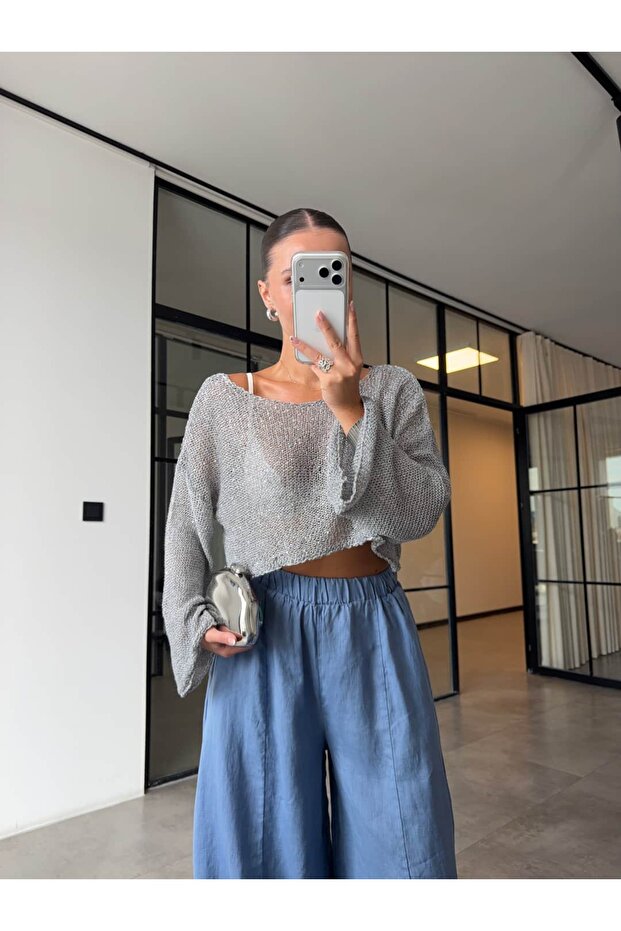 Sequined Crop Merserized Knitwear Gray