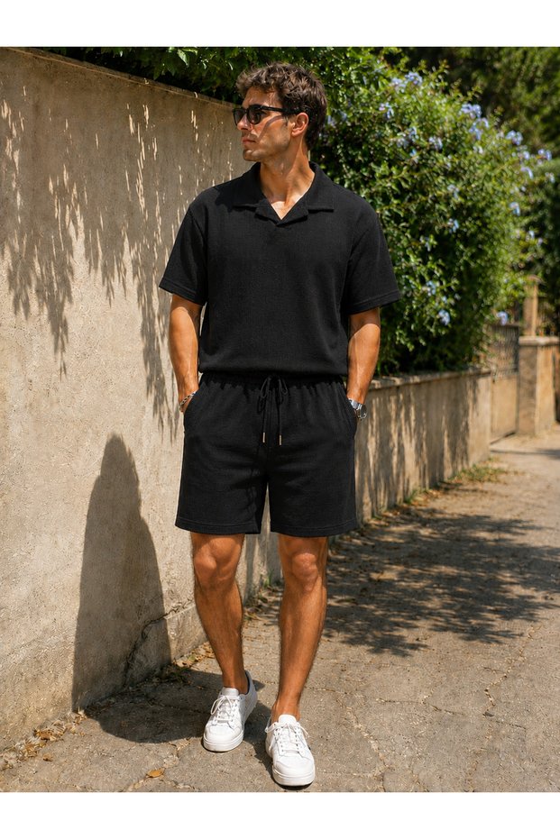 Men's Suit Waffle Fabric Cuban Collar T-Shirt & Shorts Black