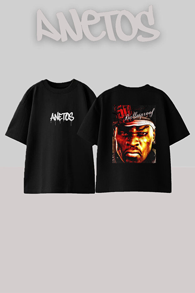 50 Cent_71 Design Printed Oversize Black T-Shirt