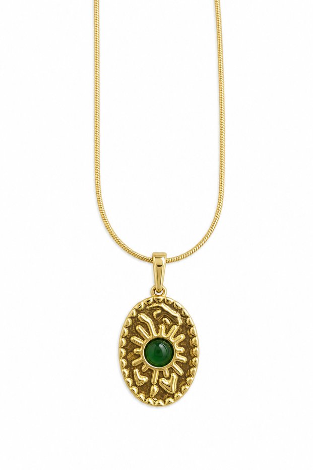 Steel Sun Pattern Green Stone Necklace - Stylish and Durable Jewelry for Women