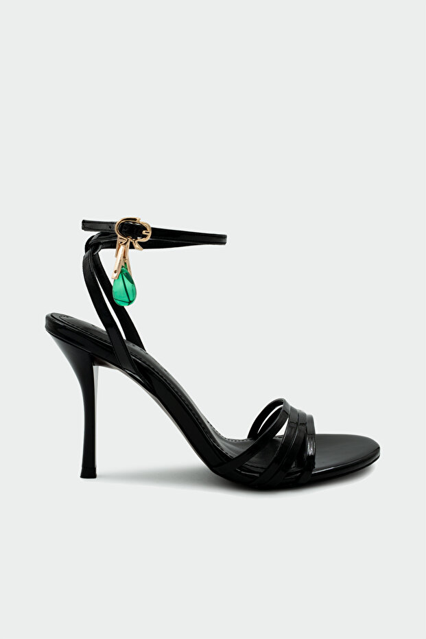Sussie Metallic Women's Black Heeled Shoes with Stone Accessories