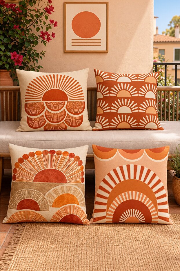 Boho Sun Patterned 4-Piece Throw Pillow Cover Set