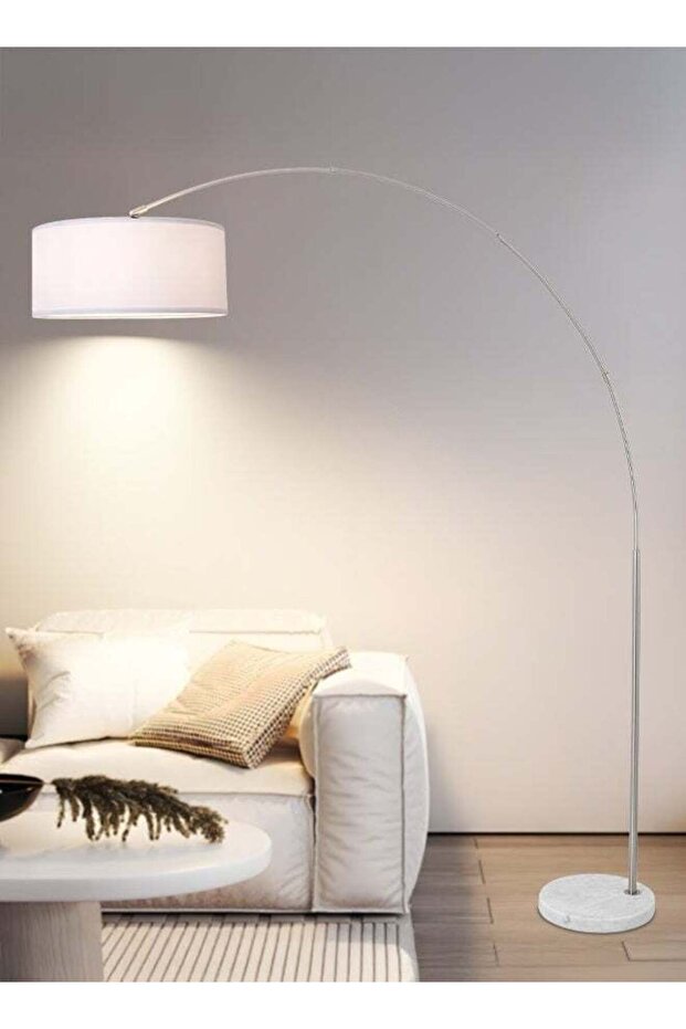 Modern Arc Floor Lamp 208cm Tall with Adjustable Lamp Head, Fabric Shade, Marble Base, E27 Socket