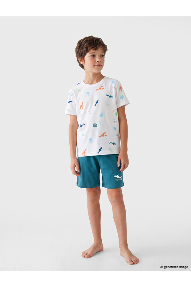 Lcw Kids White Crew Neck Boy's Pajamas Set with Shorts
