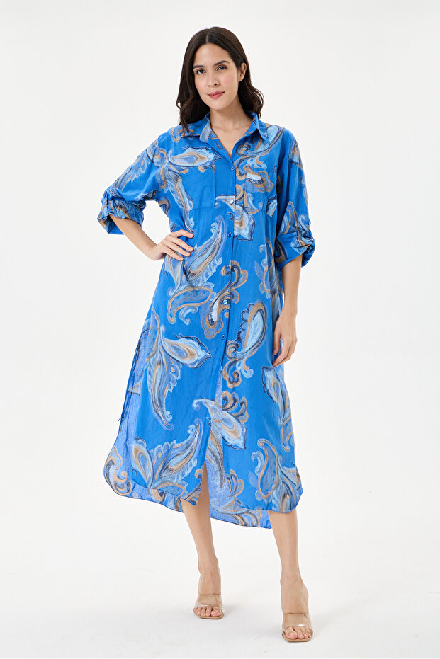 Cobalt Blue Italian Shawl Pattern Side Slit Folded Long Sleeve Oversize Shirt Dress Size 40 - 44