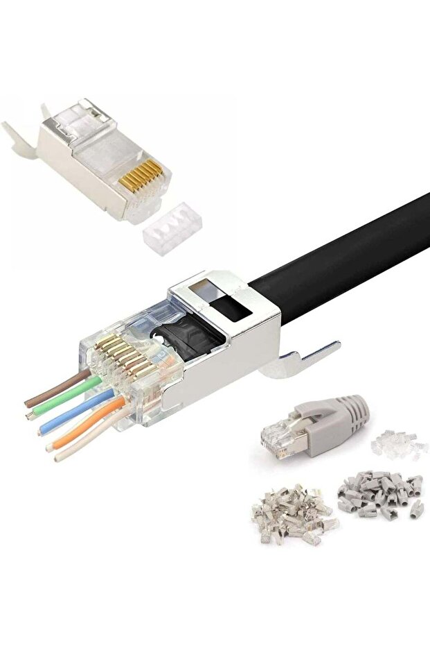 Cat7 Cat6A RJ45 Pass through Connectors Shielded with Strain Relief Boots Grey Pack Of 30