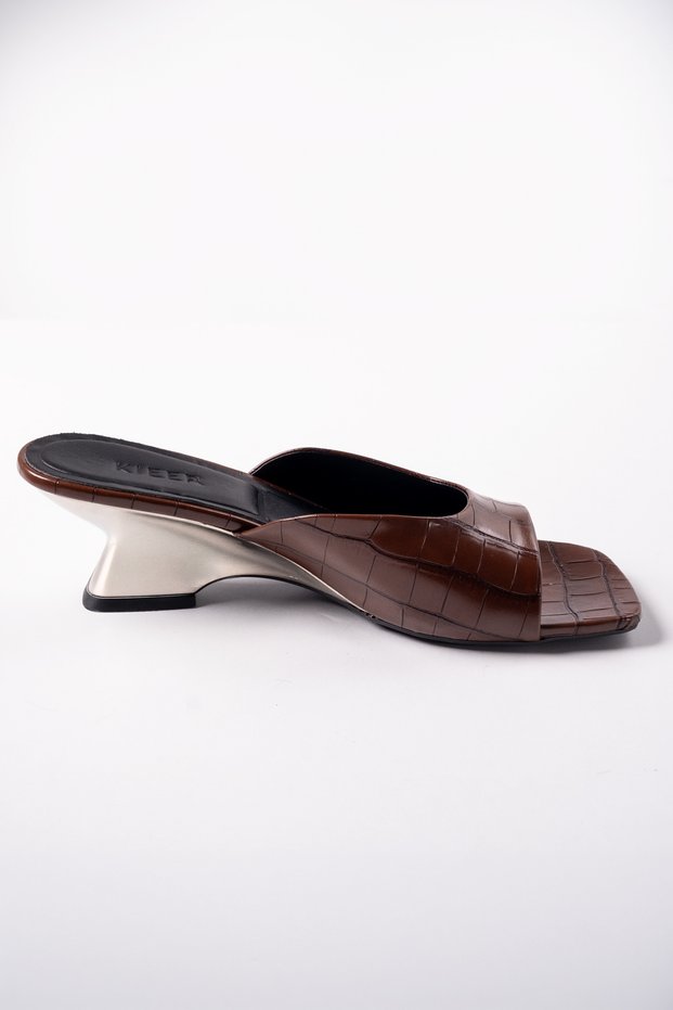 Lyra - Brown Croco Open Toe Metallic Heeled Slippers