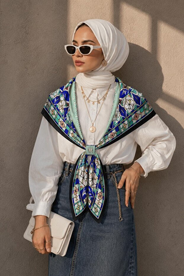 وشاح ناعم من موتيف ديسين ساكس-مينت مقاس 90x90 سم