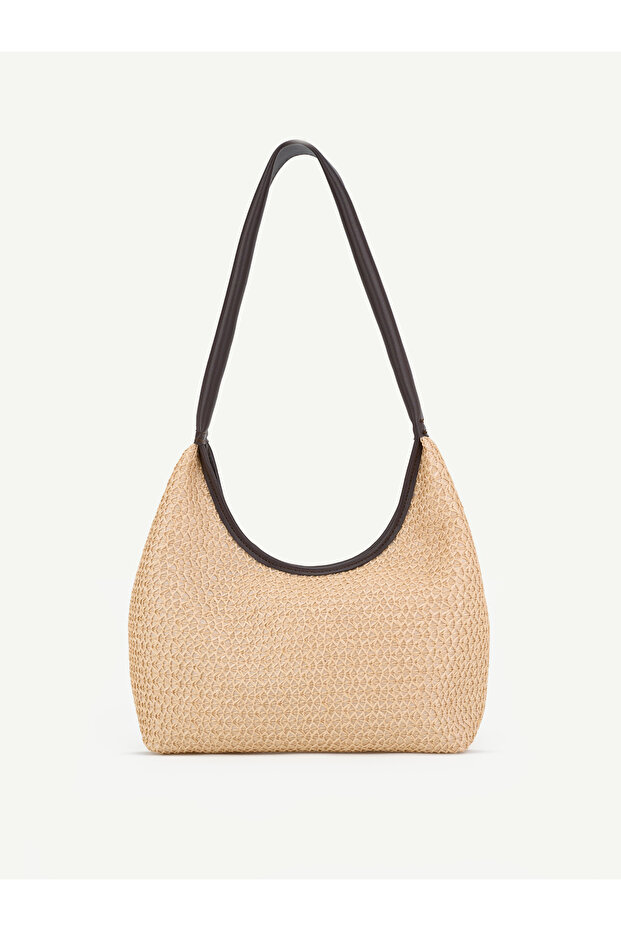 Straw/Brown Shk332 Straw Weave Look, Single Handle, Baguette Women's Hand, Arm and Shoulder Bag
