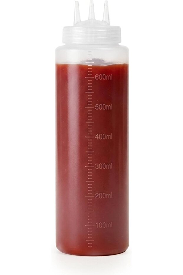 3-Nozzle Squeeze Bottle 24oz/600ml White PE Plastic Condiment Dispenser with Measurement