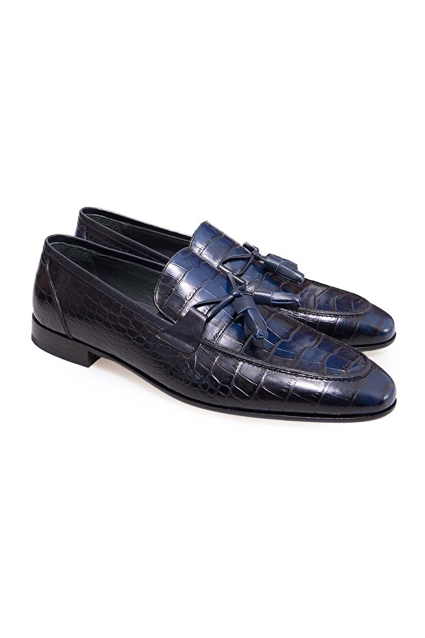 Dark Blue Color Laceless Genuine Leather Men's Shoes